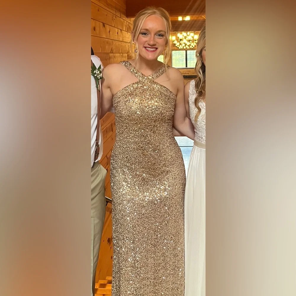 Tadashi Shoji Gold Sequined Sleeveless Gown - Picture 5 of 7
